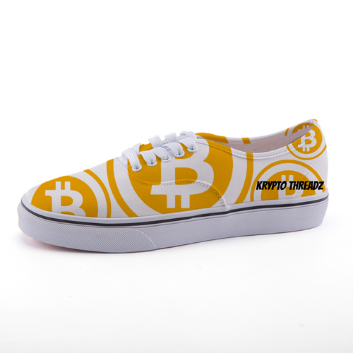White Canvas Shoes With Orange Bitcoin Logo Pattern
