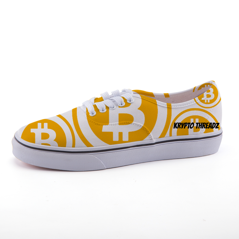 White Canvas Shoes With Orange Bitcoin Logo Pattern