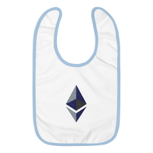 Load image into Gallery viewer, White Baby Bib With Blue Trim and Black Grey Embroidered Ethereum Diamond