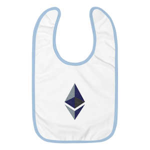White Baby Bib With Blue Trim and Black Grey Embroidered Ethereum Diamond