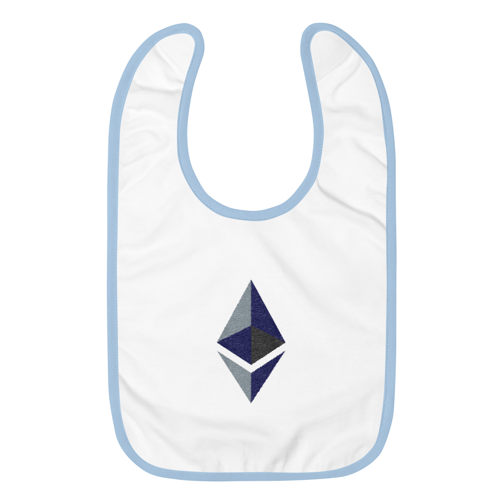 White Baby Bib With Blue Trim and Black Grey Embroidered Ethereum Diamond