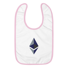 Load image into Gallery viewer, White Baby Bib With Pink Trim and Black Grey Embroidered Ethereum Diamond