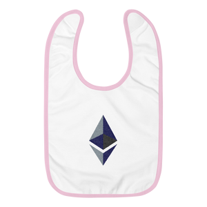 White Baby Bib With Pink Trim and Black Grey Embroidered Ethereum Diamond