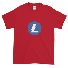 Load image into Gallery viewer, Cherry Red Short Sleeve T-Shirt With Blue and White Litecoin Logo