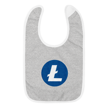 Load image into Gallery viewer, Grey Baby Bib With Blue and White Litecoin Logo