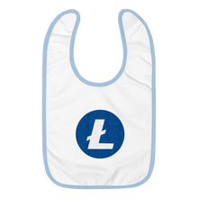 Load image into Gallery viewer, White Baby Bib With Blue Trim and White and Blue Litecoin Logo
