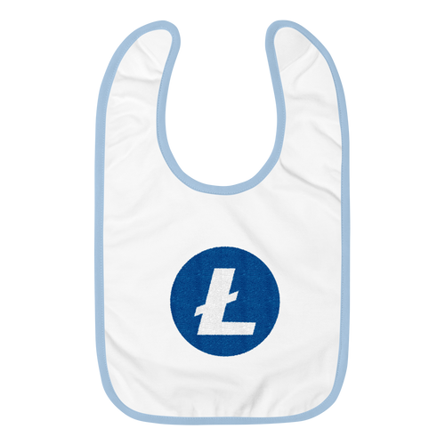 White Baby Bib With Blue Trim and White and Blue Litecoin Logo