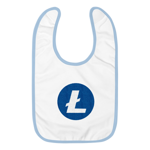 White Baby Bib With Blue Trim and White and Blue Litecoin Logo