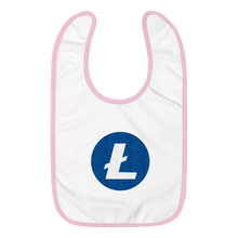 Load image into Gallery viewer, White Baby Bib With Pink Trim and White and Blue Litecoin Logo