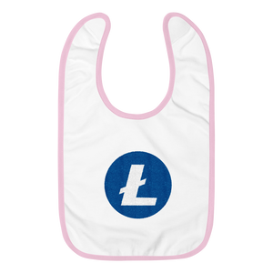 White Baby Bib With Pink Trim and White and Blue Litecoin Logo
