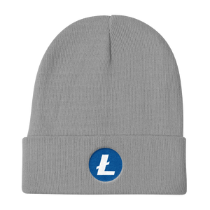 Grey Beanie With Embroidered White and Blue Litecoin Logo