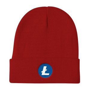 Red Beanie With Embroidered White and Blue Litecoin Logo