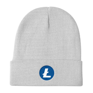 White Beanie With Embroidered White and Blue Litecoin Logo