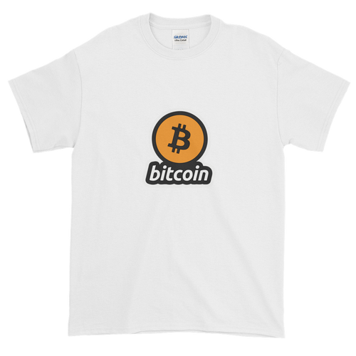White Short Sleeve T-Shirt with Black and Orange Bitcoin Logo