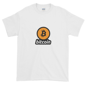 White Short Sleeve T-Shirt with Black and Orange Bitcoin Logo