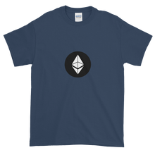 Load image into Gallery viewer, Blue Short Sleeve T-Shirt With White Ethereum Diamond and Black Circle Background