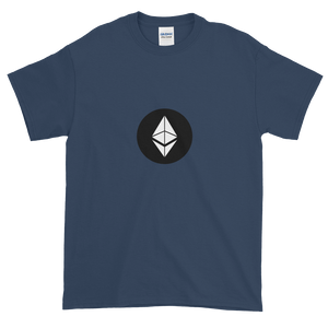 Blue Short Sleeve T-Shirt With White Ethereum Diamond and Black Circle Background