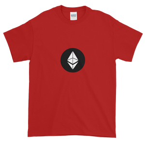 Red Short Sleeve T-Shirt With White Ethereum Diamond and Black Circle Background