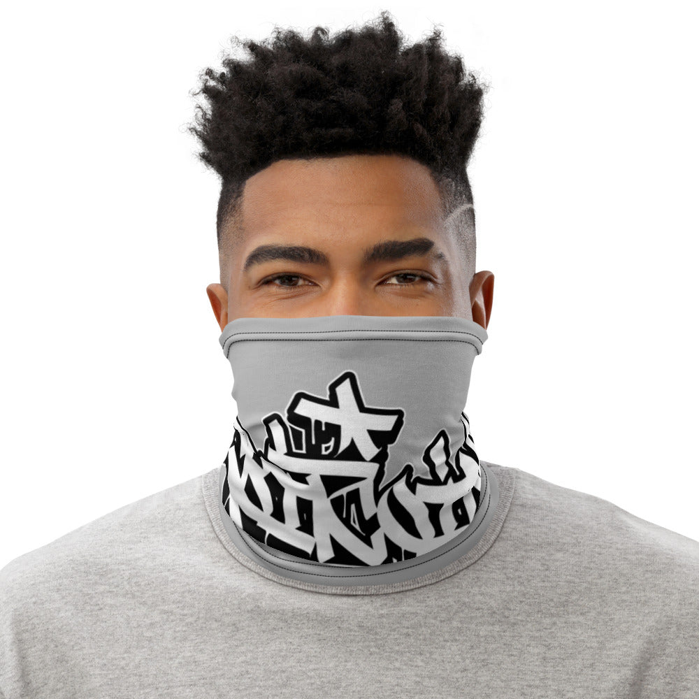 Grey Neck Gaiter With Bitcoin In Graffiti Front View