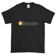 Load image into Gallery viewer, Black Short Sleeve T-Shirt with White, Orange, and Grey Bitcoin Logo