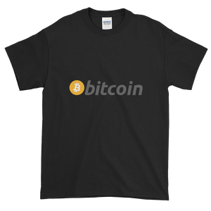 Black Short Sleeve T-Shirt with White, Orange, and Grey Bitcoin Logo