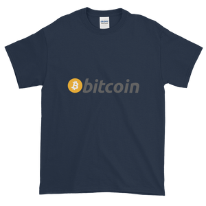 Navy Blue Short Sleeve T-Shirt with White, Orange, and Grey Bitcoin Logo