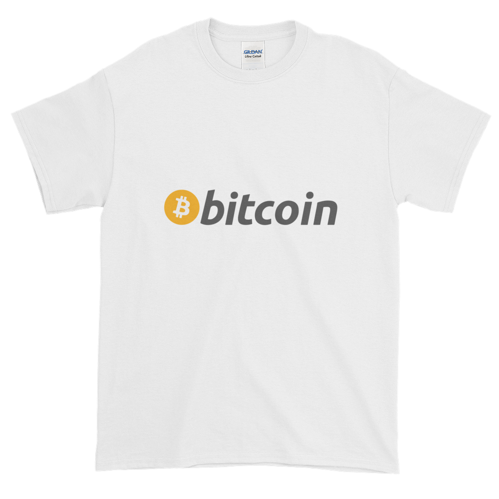 White Short Sleeve T-Shirt with White, Orange, and Grey Bitcoin Logo