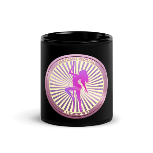 Front View of Black StripperCoin Coffee Mug with pink StripperCoin logo on front of coffee mug