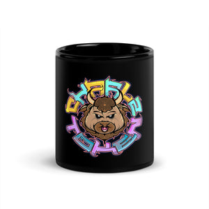 Black glossy coffee mug with multicolored Charlz Token design printed on it