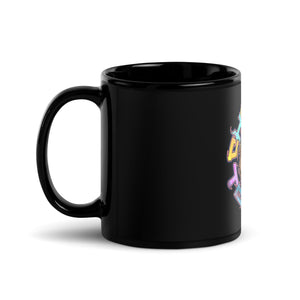 Black glossy coffee mug with multicolored Charlz Token design printed on it
