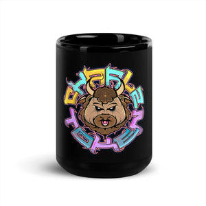 Black glossy coffee mug with multicolored Charlz Token design printed on it