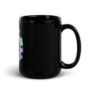Black glossy coffee mug with multicolored Charlz Token design printed on it