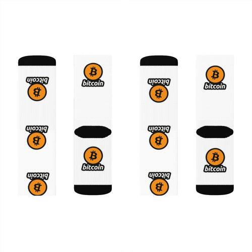 White Socks with Orange and Black Bitcoin Logos Left and Right
