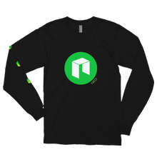 Load image into Gallery viewer, Black Long Sleeve Unisex NEO T Shirt With Green NEO Logos On Chest and Right Arm