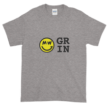 Load image into Gallery viewer, Grey Short Sleeve T-Shirt With Yellow and Black Grin Smiley Face Logo
