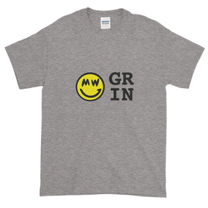 Grey Short Sleeve T-Shirt With Yellow and Black Grin Smiley Face Logo