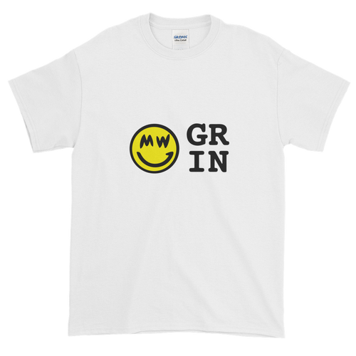 White Short Sleeve T-Shirt With Yellow and Black Grin Smiley Face Logo