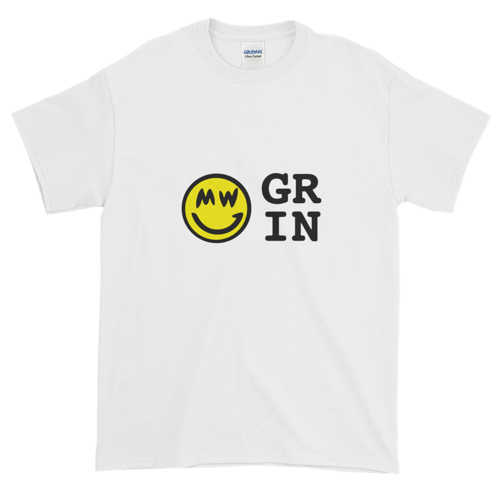White Short Sleeve T-Shirt With Yellow and Black Grin Smiley Face Logo