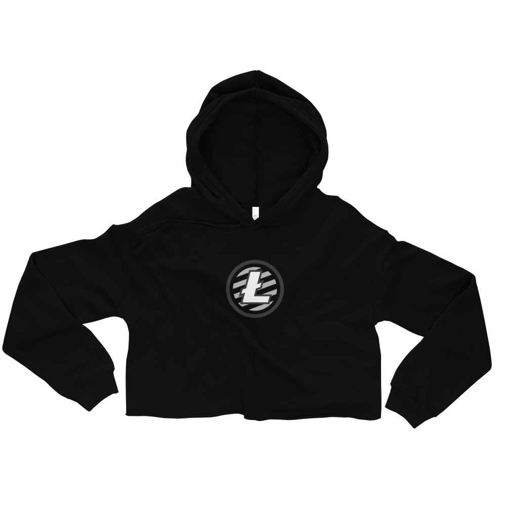 Women's Black Crop Top Hoodie With Grey and White Litecoin Logo on Front