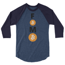 Load image into Gallery viewer, Blue on Blue 3/4 Sleeve Baseball Style Bitcoin FOMO T Shirt
