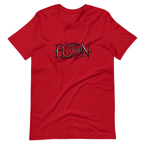 Red Short Sleeve T-Shirt With Black Bitcoin Design By Instiller