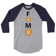 Load image into Gallery viewer, Blue and Grey 3/4 Sleeve Baseball Style Bitcoin FOMO T Shirt
