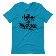 Load image into Gallery viewer, Aqua Blue Short Sleeve T-Shirt With Made in San Diego Design in Graffiti
