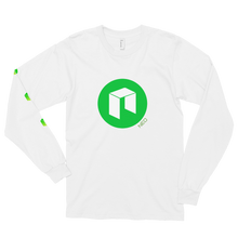 Load image into Gallery viewer, White Long Sleeve Unisex NEO T Shirt With Green NEO Logos On Chest and Right Arm