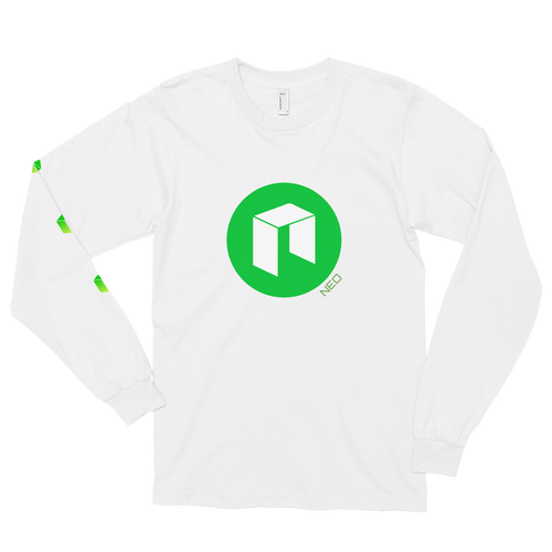 White Long Sleeve Unisex NEO T Shirt With Green NEO Logos On Chest and Right Arm
