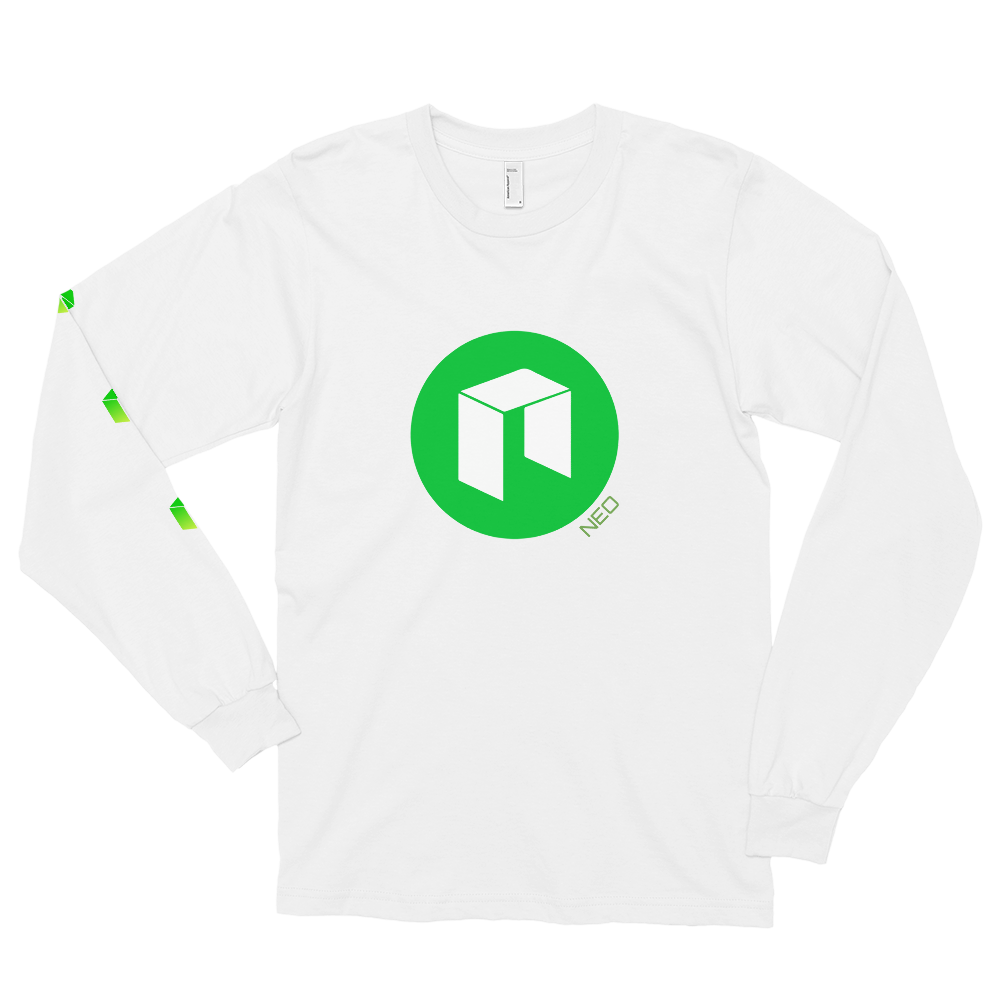 White Long Sleeve Unisex NEO T Shirt With Green NEO Logos On Chest and Right Arm