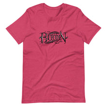 Load image into Gallery viewer, Raspberry Short Sleeve T-Shirt With Black Bitcoin Design By Instiller