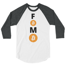 Load image into Gallery viewer, Grey and White 3/4 Sleeve Baseball Style Bitcoin FOMO T Shirt