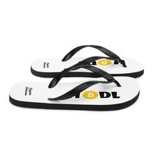 Load image into Gallery viewer, White Soled Flip Flops With Black and Orange Krypto Threadz Bitcoin HODL Logo