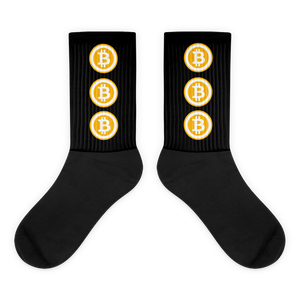 Black Socks With Three Orange and White Bitcoin Logos